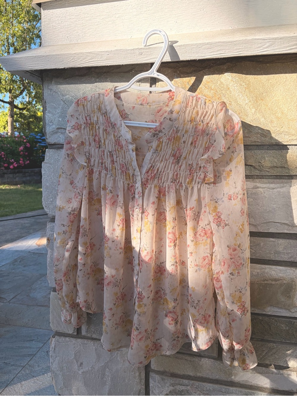 Peach Watercolor Garden Smocked Shiffon Blouse